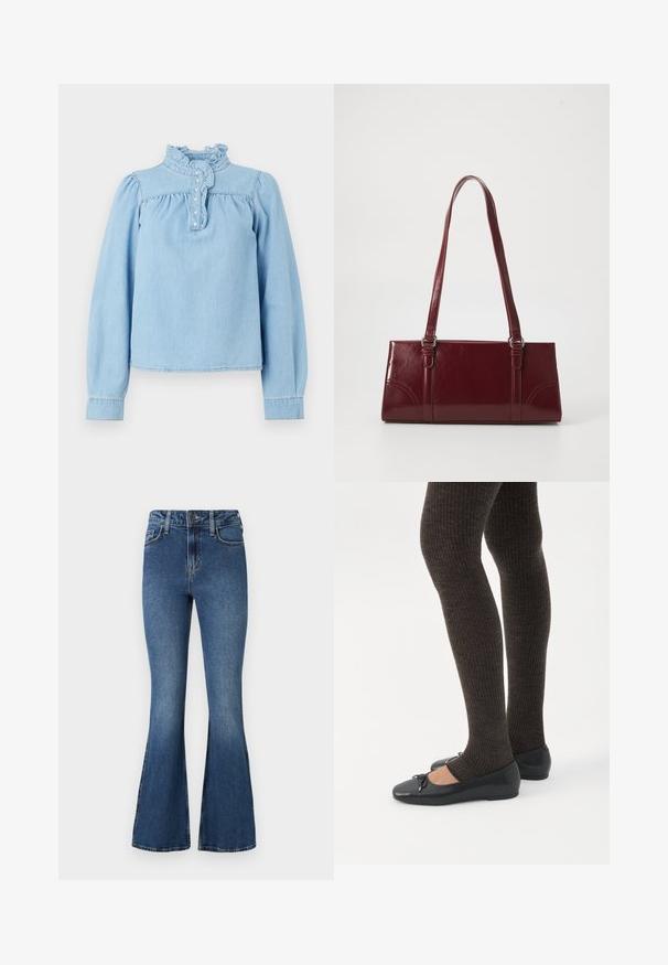 Lyseblå denimbluse med en rynket krave, frontknaplukning og lange pufærmer. Glat tekstur med samlet detaljering.; Blå flared denimjeans med høj talje, der har et standard design med fem lommer og knaplukning. Blød tekstur med lettonede detaljer.; Ben iført mørke ribbede leggings kombineret med sorte balletsko med små sløjfedetaljer på hvid baggrund.; Bordeaux håndtaske lavet af glansfuldt materiale, rektangulær form, med to skulderremme og subtile buede detaljer på forsiden.