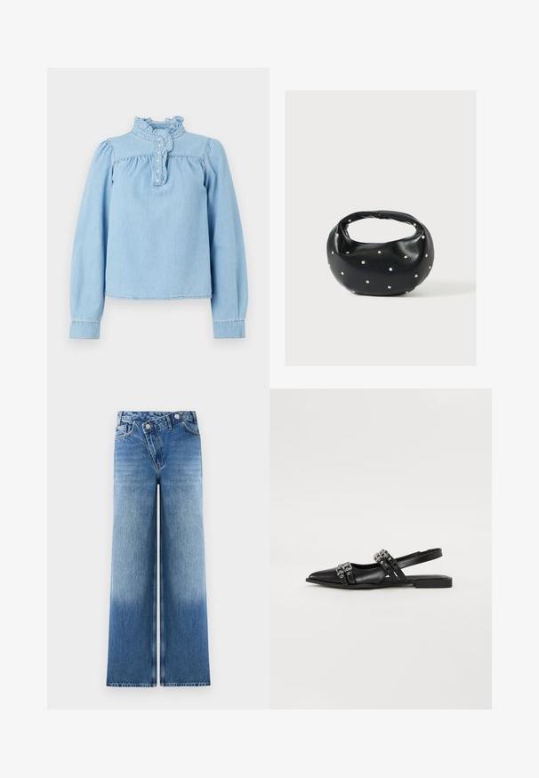 Lyseblå denimbluse med en rynket krave, frontknaplukning og lange pufærmer. Glat tekstur med samlet detaljering.; Lysblå vidde jeans med en falmet vask, der har et klassisk fem-lomme design og metalknap detaljer i taljen.; Even&Odd by Zalando Slingback-ballerinasko - black; Sort læderhåndtaske med en rundet form, dekoreret med sølvnitter, og et kort håndtag. Glat tekstur og lynlåslukning.
