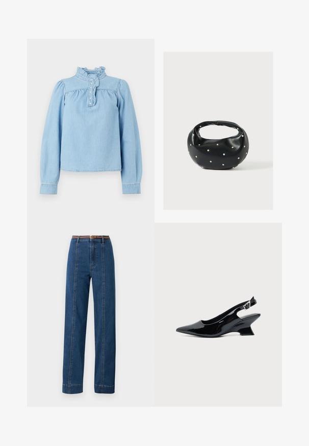 Lichtblauwe denim blouse met een ruches kraag, een knopenrij aan de voorkant en lange pofmouwen. Gladde textuur met geplooide details.; Donkerblauwe denim jeans met een rechte pasvorm, hoge taille en een gevlochten bruine riem. Heeft contrasterende stiksels langs de zijnaad.; Zwarte lakleren slingback schoen met spitse neus en lage schuine blokhak op een effen lichte achtergrond.; Zwarte leren handtas met een afgeronde vorm, versierd met zilveren studs, en een korte handgreep. Gladde textuur en ritsluiting.
