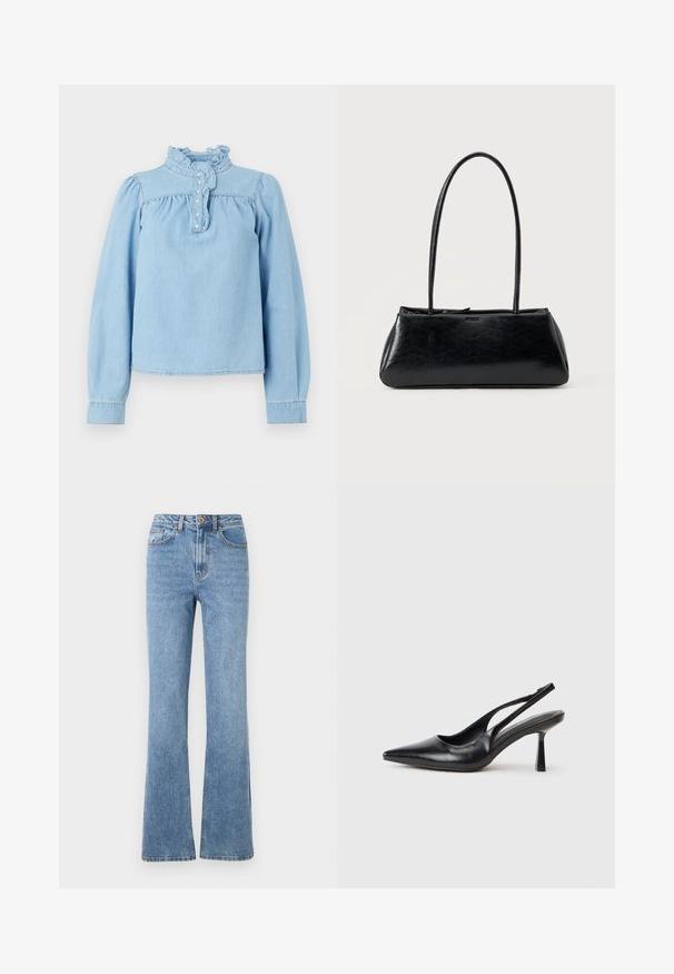 Blusa de mezclilla azul claro con un cuello con volantes, botonera en la parte frontal y mangas largas abullonadas. Textura suave con detalles fruncidos.; Jeans de denim azul claro con un diseño de pierna acampanada, cintura alta y hardware mínimo. Presenta un estilo clásico de cinco bolsillos y costuras sutiles.; Zapato de tacón alto negro de cuero con puntera afilada y tacón delgado sobre un fondo blanco.; Bolso de hombro rectangular negro con correas largas y delgadas y una textura lisa y brillante sobre un fondo liso.