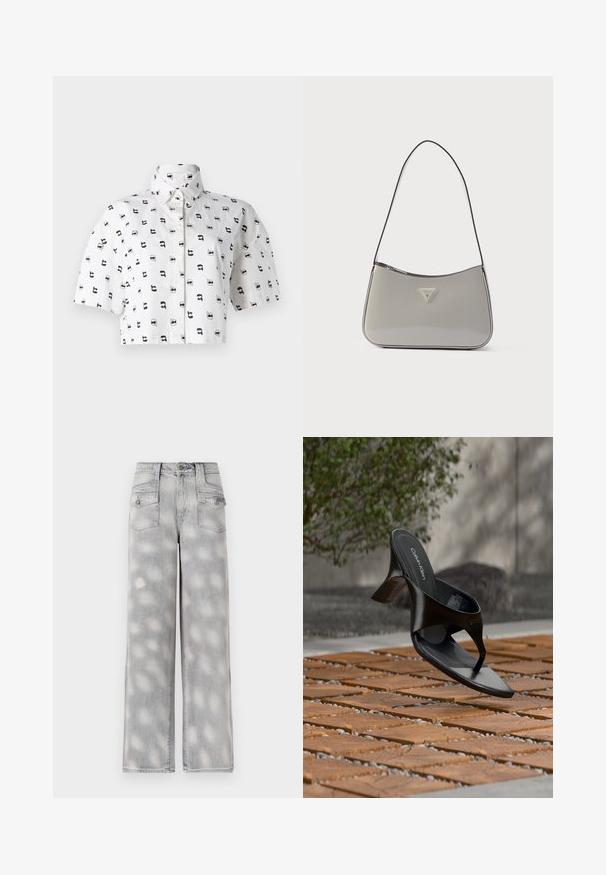 Kortærmet cropped skjorte i hvid bomuld med et gentaget sort grafisk mønster af ansigtter iført solbriller. Knappet krave.; Lys grå denim brede bukser med høj talje, fire lommer og et falmet mønster for en afslappet pasform.; Sort Calvin Klein hæl-sandal med åben tå, der svæver over en udendørs flisebelagt overflade med grønne planter og en betonvæg i baggrunden.; Grå skuldertaske i laklæder med en buet form, sort kant og en sølvfarvet logoplade foran. Justerbar rem for alsidig brug.