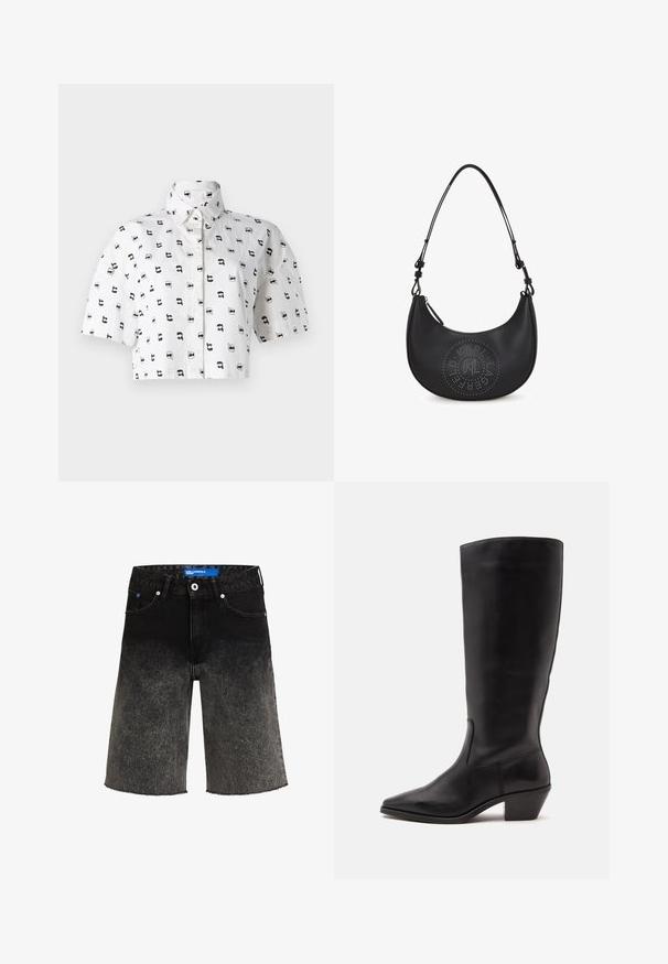 Kortærmet cropped skjorte i hvid bomuld med et gentaget sort grafisk mønster af ansigtter iført solbriller. Knappet krave.; Sorte denimshorts med en gradientfade fra mørk til lys. Har en frynset kant, to frontlommer og et mærket blåt label på taljen.; Sort læderstøvle til midtkalv med spids tå og lavt skråt hæl på en enkel lys baggrund.; Sort læder skuldertaske med en buet form, prydet med perforeret logo-detajle på forsiden og en tynd justerbar rem. Lynlåslukning.