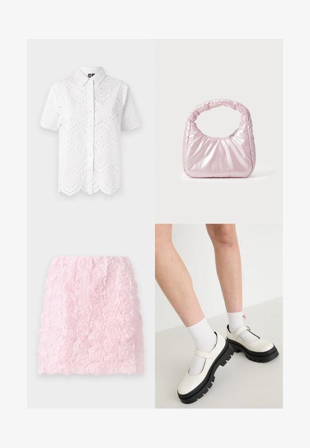 Chemise blanche à manches courtes avec broderie en œillet, ourlet festonné et fermeture à boutons. Fabriquée dans un tissu léger avec une finition texturée.; Mini jupe rose avec un design texturé comportant des fleurs en tissu superposées. La surface est douce et détaillée, créant un effet floral en trois dimensions.; Des chaussures Mary Jane en cuir verni blanc avec une semelle noire épaisse, comportant une sangle sur le cou-de-pied et portées avec des chaussettes blanches.; Sac à main rose rembourré avec un design arrondi, fabriqué à partir d'un matériau brillant. Dispose d'une poignée froncée et d'une fermeture éclair pour un accès sécurisé.