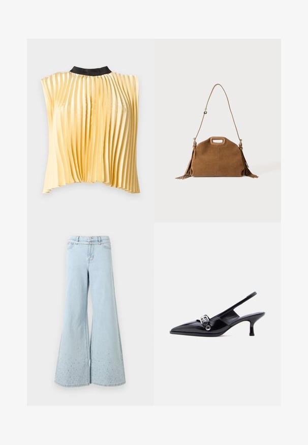 Blouse sans manches plissée en satin jaune pâle avec col rond noir haut, présentée à plat sur fond blanc.; Jean en denim bleu clair taille haute à jambes larges, orné de petites strass dispersées près des ourlets.; Chaussure à talon bas en cuir verni noir avec bride arrière, bout pointu et détail boucle argentée sur fond blanc uni.; Sac à main en daim marron avec poignée découpée en haut, longue bandoulière réglable et franges de chaque côté.