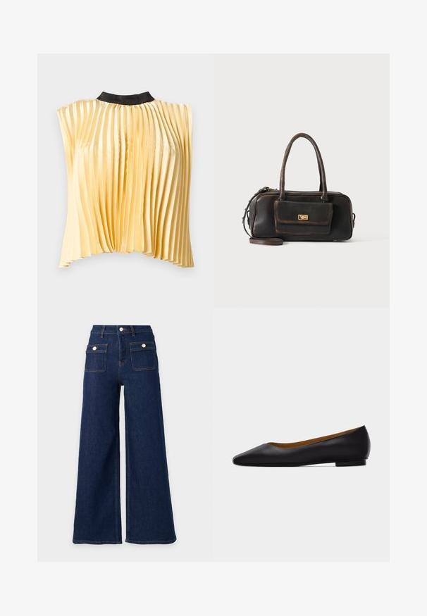 Blouse sans manches plissée en satin jaune pâle avec col rond noir haut, présentée à plat sur fond blanc.; Jeans en denim bleu foncé à jambes larges, taille haute et deux poches avant à rabat avec boutons.; Chaussure plate en cuir noir à bout pointu avec talon bas et finition lisse, vue de côté sur un fond gris clair.; Sac à main en cuir marron foncé avec deux poignées, une poche avant avec un fermoir doré et une bandoulière amovible sur un fond uni.