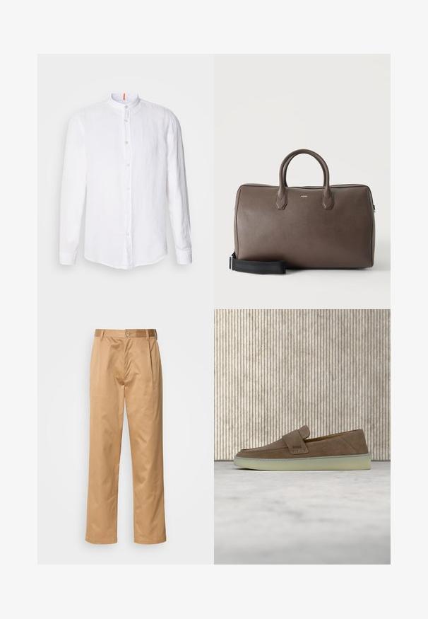 Hvid linnedskjorte med mandarin-krave, frontknaplukning, lange ærmer og en subtil tekstur. Markant orange accent på kraven.; Khaki bukser, blanding af bomuld, lige ben-design, frontfald, bæltesløjfer og knaplukning. Glat tekstur uden mønstre.; Beige ruskind slip-on loafer med hvid gummisål og BOSS-logo på sidestroppen, vist mod en ensfarvet neutral baggrund.; Brun læder duffel taske med to håndtag, en sort justerbar skulderrem og et lille "BOSS" logo på fronten i midten.