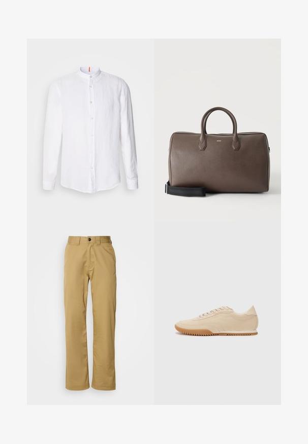Hvid linnedskjorte med mandarin-krave, frontknaplukning, lange ærmer og en subtil tekstur. Markant orange accent på kraven.; Beige bukser lavet af glat stof, med en standard pasform, to sidelommer og en enkelt knaplukning i taljen.; Beige ruskinds sneakers med et strømlinet design, der har et struktureret overdel, rund tå og en gummisål med et zigzag-mønster.; Brun læder duffel taske med to håndtag, en sort justerbar skulderrem og et lille "BOSS" logo på fronten i midten.