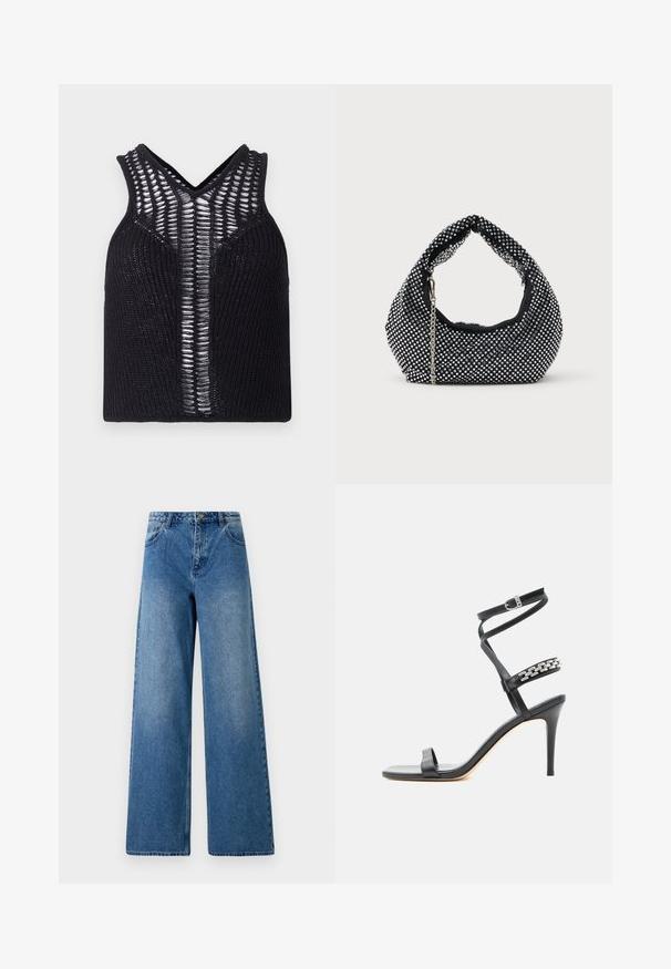 Sort strikket top med V-hals, der har stribede gennemsigtige paneler foran. Ribbet struktur med tætsiddende pasform.; Bredde ben jeans lavet af blå denim. Har høj talje, fem lommer og en frontlukning med knap. Glat tekstur med let falmning.; Sort højhælet sandal med tynd ankelrem, midtfodsrem dekoreret med sølvkædeled og åben tå-design.; Sort mesh håndtaske prydet med sølvnitter, udstyret med et buet håndtag og en kædetraspe. Blød tekstur med en rund form.