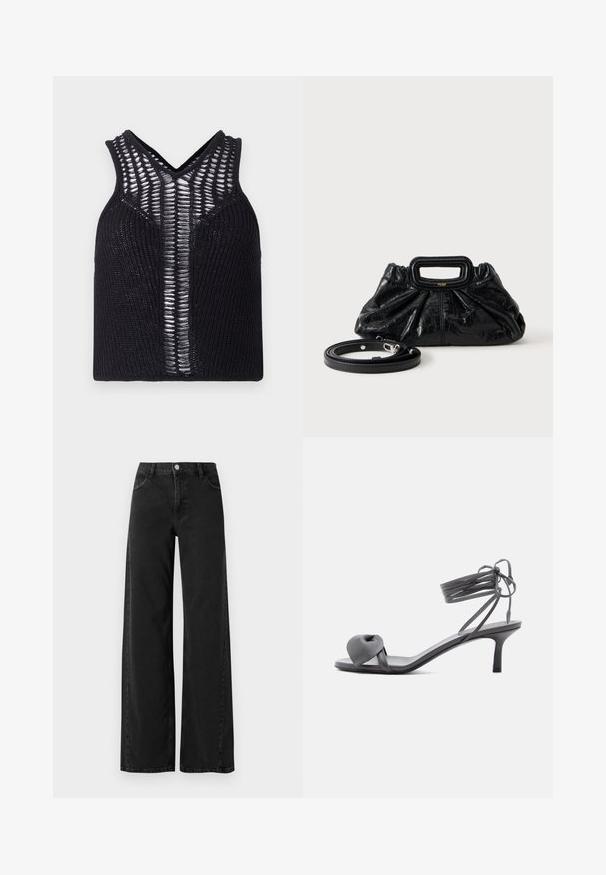 Débardeur tricoté noir avec un col en V, présentant des panneaux transparents rayés à l'avant. Texture côtelée avec une coupe ajustée.; Jean en denim noir à jambes larges avec taille haute, présentant un style classique à cinq poches et une fermeture à bouton. Texture lisse et détails de couture subtils.; Sandale à talon en cuir gris avec une bride nouée sur les orteils et des lacets enroulants autour de la cheville, sur un talon moyen et fin, sur fond blanc.; Petit sac à main en cuir noir avec texture froncée, poignée rectangulaire et fine bandoulière amovible placée à côté.