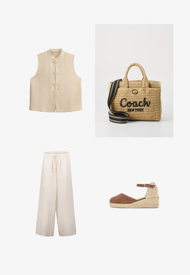 Veste sans manches beige avec col mandarin et quatre fermetures à boutons noués traditionnels sur le devant, présentant des fines rayures verticales.; Pantalon large en lin beige clair avec taille élastique et cordon de serrage. Présente une coupe ample et une texture lisse.; Espadrille compensée en tissu marron avec boucle de bride à la cheville et talon ainsi que plateforme en jute tissé, vue latérale en angle sur fond blanc.; Sac en paille tressée avec deux poignées supérieures, logo brodé noir "Coach New York", quincaillerie dorée et une bandoulière rayée amovible.