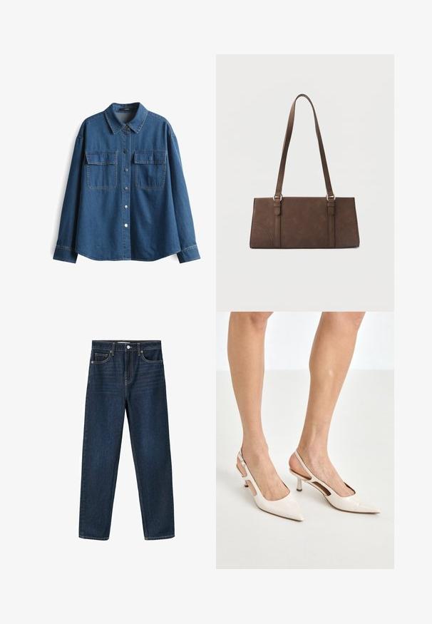Dunkelblaue Jeanshemd mit Kragen, langen Ärmeln, zwei Brusttaschen und silbernen Druckknöpfen entlang der Vorderseite und an den Manschetten.; Dunkelblaue Denim-Jeans mit geradem Bein, fünf Taschen und einem vorderen Knopfverschluss. Verfügt über sichtbare Nähte und eine glatte Textur.; Beige Lackleder Slingback-Absätze mit spitzem Fuß und 5 cm Absatz, mit ausgeschnittenen Seiten und einem schmalen Knöchelriemen.; Braune rechteckige Schultertasche mit langen Trägern und minimalen Steppnähten vor einfarbigem Hintergrund.
