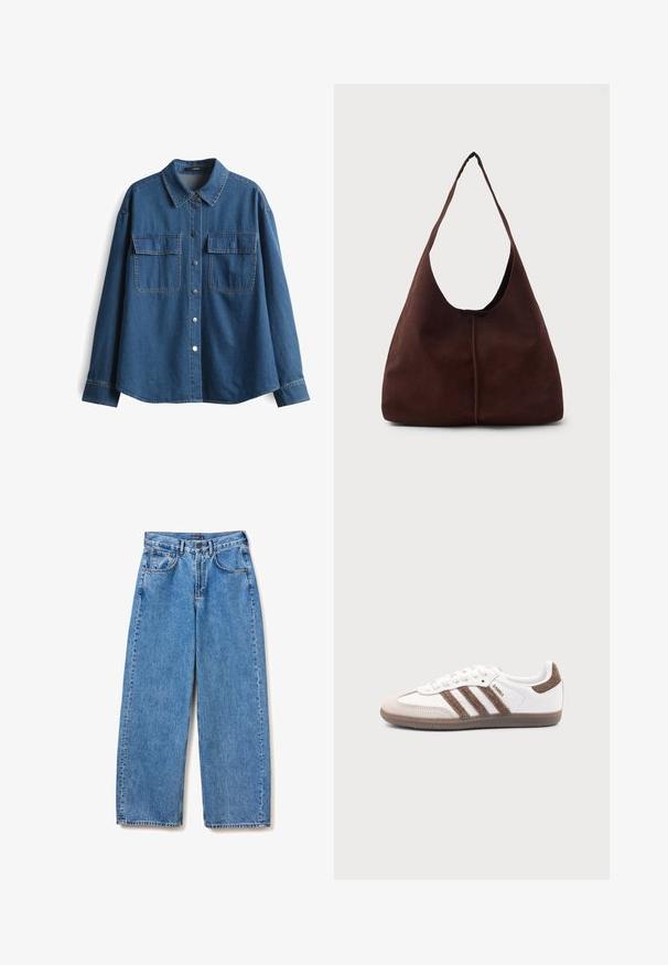 Dunkelblaue Jeanshemd mit Kragen, langen Ärmeln, zwei Brusttaschen und silbernen Druckknöpfen entlang der Vorderseite und an den Manschetten.; Blaue Jeans mit hohem Taillenbund und weitem Bein, aus Denim, mit Fronttaschen, Gürtelschlaufen, Knopfverschluss und klassischem Fünf-Taschen-Design, flach auf einem weißen Hintergrund ausgelegt.; Weißer Adidas Samba Sneaker mit braunen Wildlederstreifen, brauner Gummisohle und beiger Wildlederkappe, von der Außenseite auf schlichtem Hintergrund gezeigt.; Braune Wildleder-Hobo-Tasche mit einer großen, geschwungenen Öffnung und einem breiten Schulterriemen. Sie verfügt über eine mittige Naht auf der Vorderseite. Glatte Textur.
