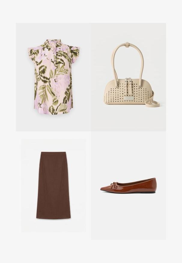 Blusa con estampado floral, cuello alto, mangas cortas con volantes y una botonera. Los colores incluyen rosa claro, verde y lavanda.; Falda midi marrón, de cintura alta y corte recto, confeccionada con una tela texturizada, presentada sobre un fondo blanco.; Bailarinas de charol marrón con punta afilada, detalle de lazo en la parte superior y suela negra fina.; Bolso de cuero beige con orificios perforados, dos cremalleras, asas dobles y una correa larga, apoyado sobre un fondo liso.
