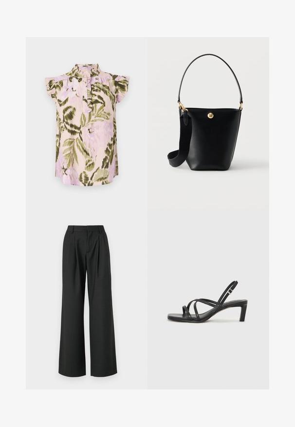 Blusa con estampado floral, cuello alto, mangas cortas con volantes y una botonera. Los colores incluyen rosa claro, verde y lavanda.; Won Hundred CAMILLE TROUSERS - Pantalones - licorice; Sandalia negra de tiras con punta cuadrada y tacón bajo de bloque. Presenta múltiples tiras delgadas y una correa ajustable en el tobillo. Fabricada en cuero suave.; Bolso tipo bucket de cuero negro con un asa corta y una correa de hombro ancha y desmontable de tela, con un pequeño emblema redondo dorado en la parte delantera.