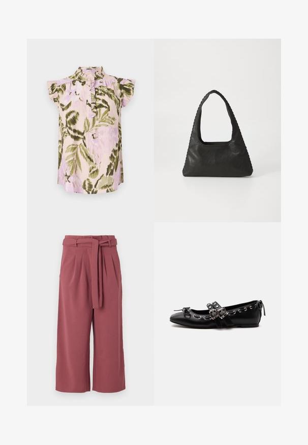 Blusa con estampado floral, cuello alto, mangas cortas con volantes y una botonera. Los colores incluyen rosa claro, verde y lavanda.; Pantalones de pierna ancha en color burdeos, hechos de tela ligera con cintura alta con cinturón, que presentan pliegues frontales y una textura suave.; Zapato de ballet plano negro con correas de doble hebilla, ojales plateados y un pequeño lazo cerca de la puntera redondeada sobre un fondo blanco.; Bolso de cuero negro con forma triangular, un gran asa recortada y costuras detalladas a lo largo de los bordes. Textura suave.