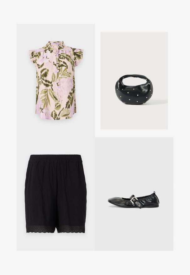 Blusa con estampado floral, cuello alto, mangas cortas con volantes y una botonera. Los colores incluyen rosa claro, verde y lavanda.; Pantalones cortos de algodón negro con cintura elástica y dobladillo con puntas que presenta detalles perforados en los bordes. Tela suave y ligera.; Zapato plano de piel negra con puntera afilada, detalle fruncido alrededor de la abertura y un acento de hebilla plateada en la correa ajustable.; Bolso de mano de cuero negro con forma redondeada, decorado con detalles de tachuelas plateadas y un asa corta. Textura lisa y cierre con cremallera.