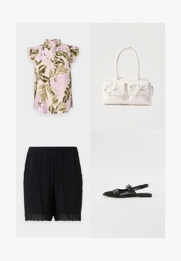 Blusa con estampado floral, cuello alto, mangas cortas con volantes y una botonera. Los colores incluyen rosa claro, verde y lavanda.; Pantalones cortos de algodón negro con cintura elástica y dobladillo con puntas que presenta detalles perforados en los bordes. Tela suave y ligera.; Even&Odd by Zalando Bailarinas con tira trasera - black; Bolso sintético blanco con dos bolsillos delanteros, cada uno con un detalle de lazo atado. Textura suave, asas redondeadas y cierre de cremallera.