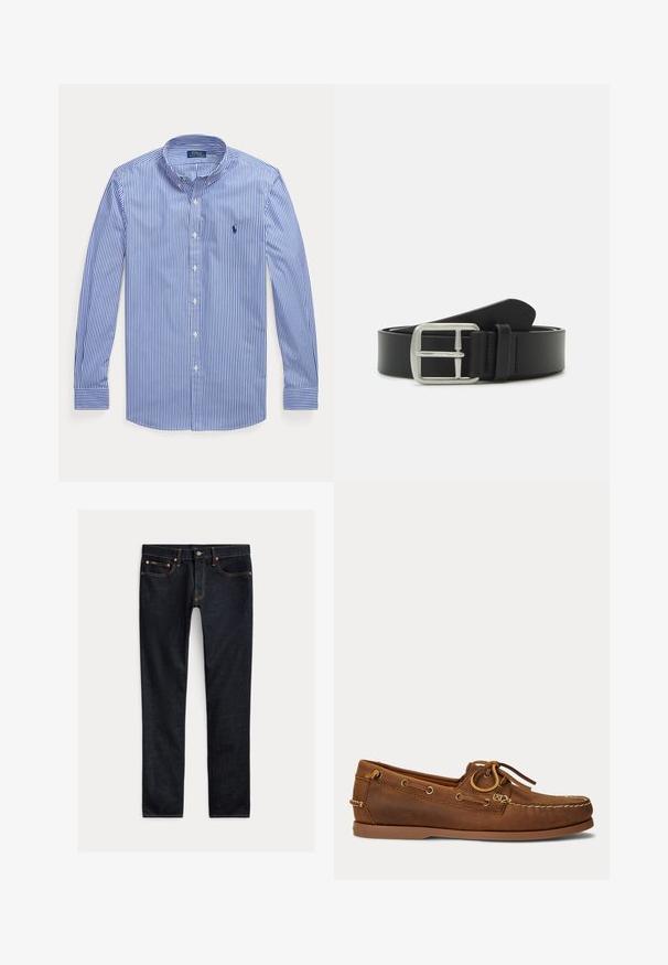 Blauw-wit verticale gestreepte blouse met lange mouwen, knopen en een button-down kraag, met Polo Ralph Lauren-logo op de borst.; Donkerblauwe slim-fit jeans met vijf zakken, knoopsluiting en contrasterende stiksels, plat gelegd op een lichte achtergrond.; Bruine leren bootschoen met mocassinnaad, veterdetail doorgedreven door metalen oogjes en een platte rubberen zool, gezien van opzij.; Zwarte leren riem met een zilveren metalen gesp, gladde textuur en een gestroomlijnd ontwerp met een spitse punt en gestikte accenten.
