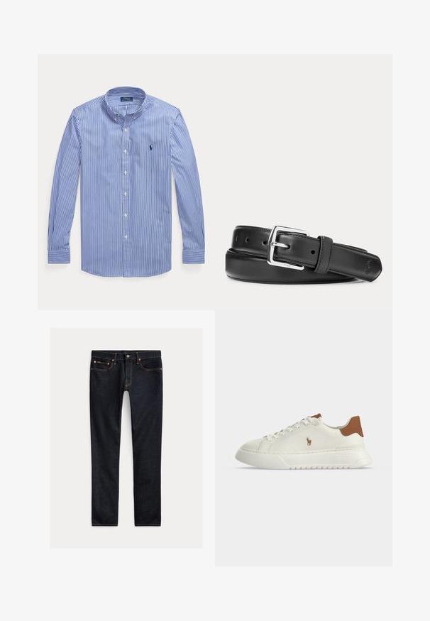 Chemise à manches longues rayée verticale bleu et blanc, à boutons, col boutonné, avec le logo Polo Ralph Lauren sur la poitrine.; Jean slim bleu foncé avec cinq poches, fermeture à boutons et coutures contrastées, posé à plat sur un fond clair.; Basket basse blanche avec languette marron au talon, fermeture à lacets, semelle épaisse et petit logo cheval brodé sur le côté.; Ceinture en cuir noir avec boucle rectangulaire argentée, roulée sur un fond blanc, avec un logo embossé subtil à l'extrémité.
