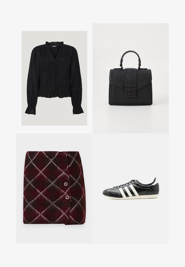 Blouse noire à manches longues en tissu texturé. Présente un décolleté en V froncé, une fermeture à boutons et des détails froncés le long du corsage et des manches.; Jupe tricotée bordeaux et brun foncé avec motif en losange, comprenant des accents blancs et trois boutons sur le côté pour la fermeture.; Baskets basses noires avec des bandes blanches et une surface texturée et brillante, semelle blanche et lacets noirs, vues de profil sur fond blanc.; Sac à main en cuir noir avec une texture matelassée, de forme rectangulaire, une anse supérieure et un rabat frontal doté d'un fermoir en métal argenté.