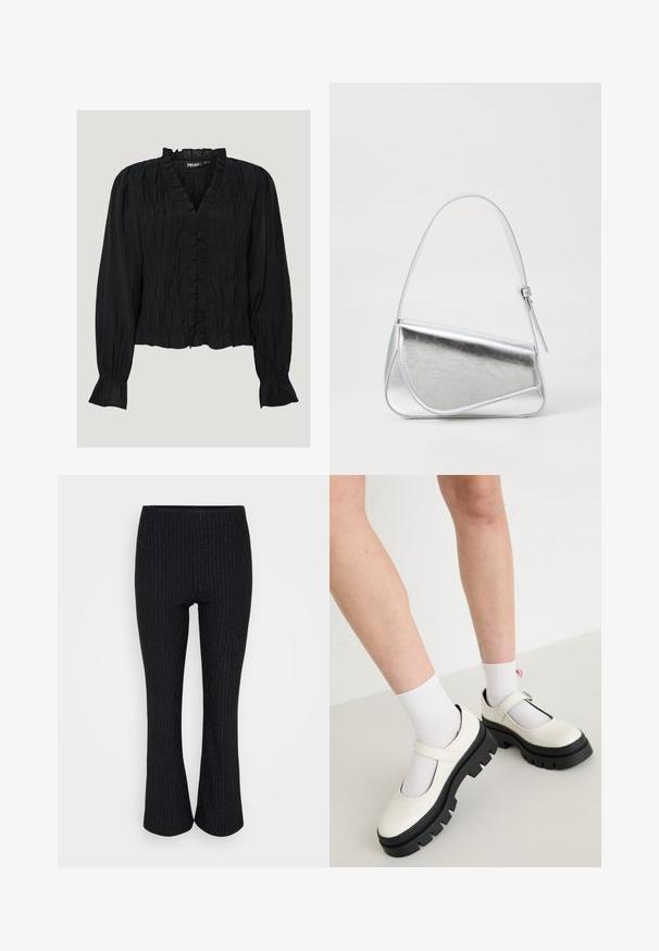 Blouse noire à manches longues en tissu texturé. Présente un décolleté en V froncé, une fermeture à boutons et des détails froncés le long du corsage et des manches.; Pantalons évasés noirs avec de fines rayures verticales blanches et une taille élastique, présentés sur un fond blanc.; Des chaussures Mary Jane en cuir verni blanc avec une semelle noire épaisse, comportant une sangle sur le cou-de-pied et portées avec des chaussettes blanches.; Sac à main en métal argenté de forme triangulaire, texture lisse et fine bandoulière réglable. Présente un design rabat avec couture.
