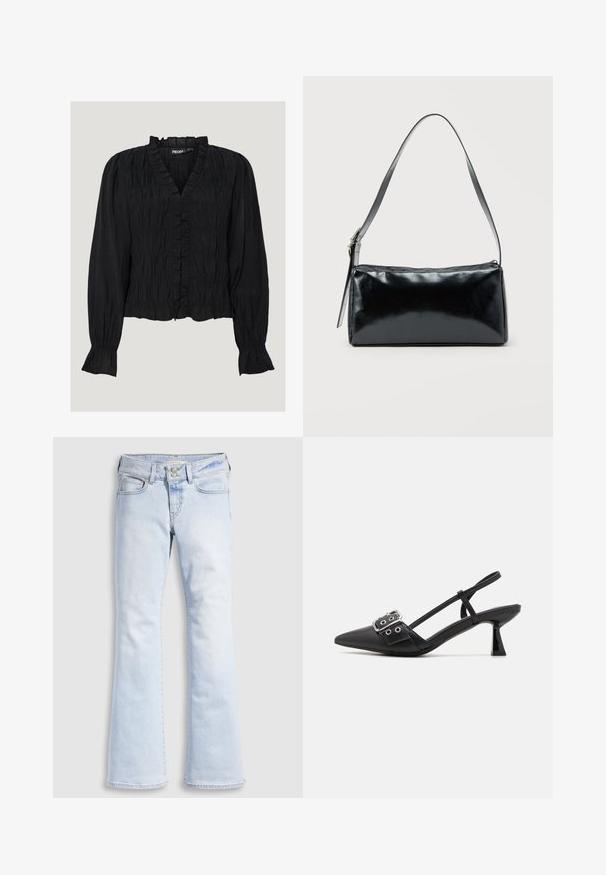 Blusa negra de manga larga hecha de tejido texturado. Presenta un escote en V con volantes, cierre de botones y detalles fruncidos a lo largo del torso y las mangas.; Jeans acampanados de mezclilla azul claro con cintura alta, con cierre de botón, cinco bolsillos y sutiles detalles de desgaste en las caderas.; Simmi London DALA - Tacones - black; Bolso de hombro rectangular negro con una correa ajustable y un cierre de cremallera superior sobre un fondo liso.