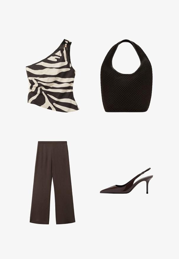 Haut à une épaule imprimé zèbre noir et blanc avec des perles sur la bretelle, cintré à la taille et légèrement évasé en bas.; Pantalon à jambes larges de couleur brun foncé, présentant une texture lisse et côtelée ainsi qu'une taille haute. Aucun élément métallique ou accent visible.; Talons slingbacks en cuir verni marron avec un bout pointu, un talon fin et une bride réglable. Texture lisse et finition brillante.; Sac cabas noir en maille à tissage ouvert avec poignée supérieure arrondie et corps large et incurvé.