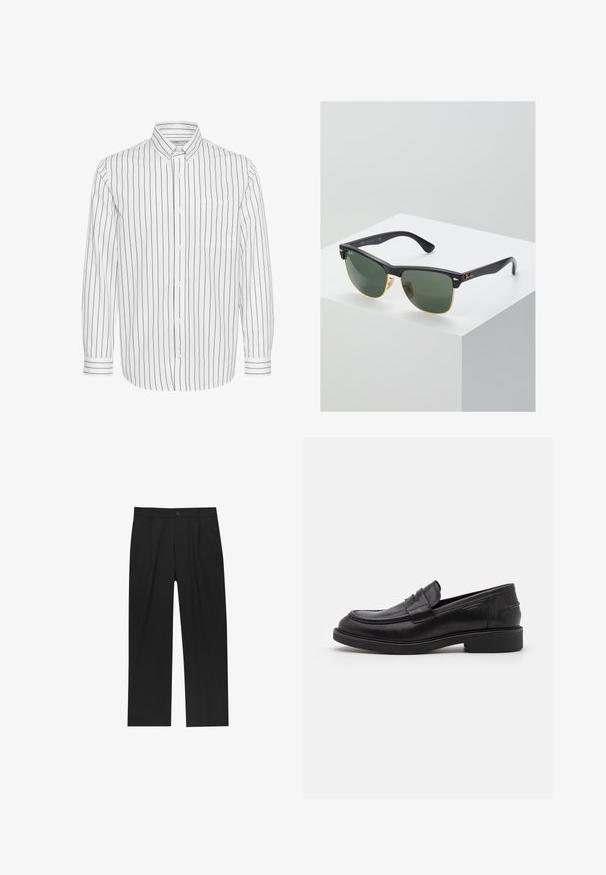 Weißes Langarmhemd mit schwarzen vertikalen Streifen, Button-Down-Kragen, einer Brusttasche und kontrastierenden gestreiften Manschetten.; Schwarze Hose mit geradem Schnitt, aus einem glatten Stoff gefertigt. Verfügt über Vorderfalten und einen einzelnen Knopfverschluss an der Taille.; Schwarze Lederloafer mit abgerundetem Zeh, farblich abgestimmtem Nähen und einem Riemendetail an der Vorderseite. Gummi-Sohle mit niedrigem Absatz.; Ray-Ban Sonnenbrillen mit grünen Gläsern, schwarzen Kunststoffrahmen und goldenen Akzenten an den Rändern. Quadratische Form mit matter Oberfläche.