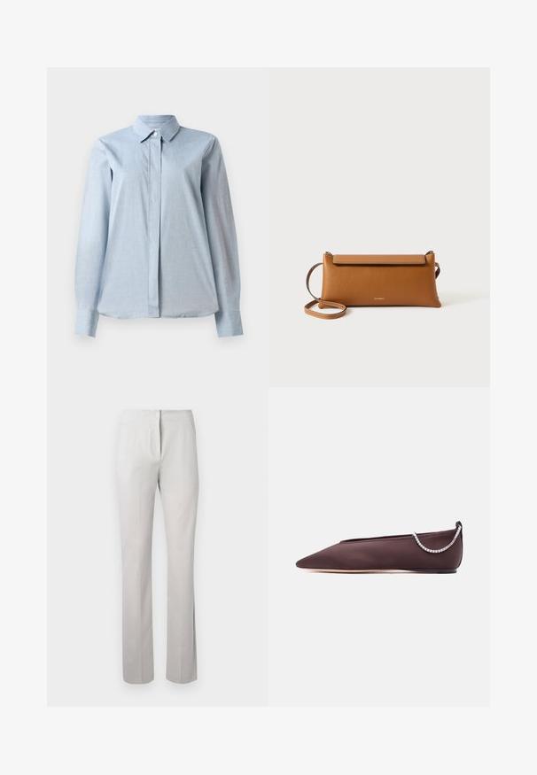 Lichtblauw overhemddesign met een kraag, lange mouwen, een voorste sluiting en een gladde stoftextuur. De onderkant is licht gebogen.; Lichtgrijze, op maat gemaakte broek met een gladde textuur, rechte pijpen en een gemiddelde taillehoogte. Voorzien van een ritssluiting aan de voorkant en zijzakken.; Donkerbruine platte schoen met puntige neus, lage hak en een zilveren rijglin met strassteentjes aan de achterkant.; Bruine lederen clutch, rechthoekige vorm, gestructureerd oppervlak, afneembare schouderband, ritsluiting, subtiel logo op de voorkant geperst.