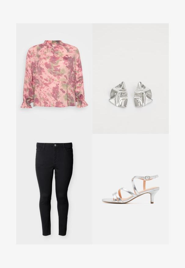 Blusa rosa con un patrón floral en tonos de verde y púrpura. Tiene un escote fruncido y puños con volantes. Tejido ligero.; Vaqueros negros ajustados con cinco bolsillos y cierre de botón, mostrados sobre un fondo blanco.; Sandalia de tacón bajo con tiras plateadas, textura metálica, correa de tobillo ajustable y diseño de punta abierta. Plantilla lisa.; Pendientes de metal plateado con un diseño ondulado y escultórico, que presentan un acabado pulido y formas irregulares, destacando una estética contemporánea.