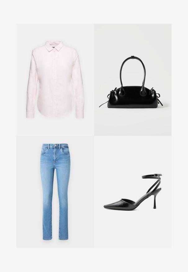 Lyserød langærmet skjorte med button-down krave, der har en lige kant og blød tekstur, lavet af letvægts bomuldsstof.; Lysblå denimjeans med lige ben, høj talje, traditionel fem-lomme styling og subtile falmningsdetaljer.; Sort spids højhælet sko med tynde ankelremme og sølvspænde på en ensfarvet lys baggrund.; Lille sort blank håndtaske med to lange håndtag og snøre-detaljer i siden på en ensfarvet lys baggrund.