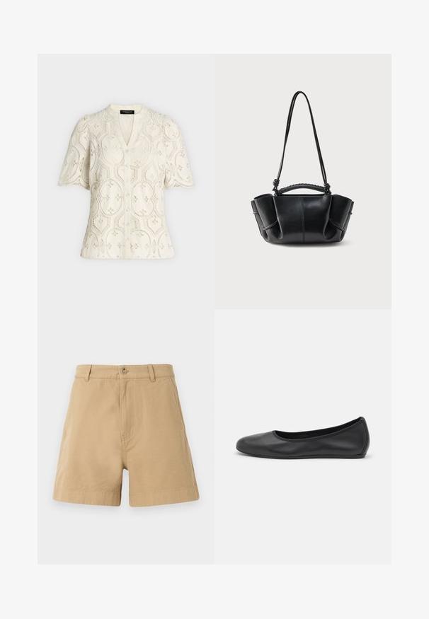 Blouse crème à manches courtes boutonnée avec motif floral en dentelle œillet et bords festonnés aux manches et à l'ourlet.; Shorts beige en coton, avec un design classique, fermeture à bouton à l'avant et passants de ceinture. Texture lisse avec poches latérales.; Ballerines en cuir noir avec un bout rond, texture lisse, détails de couture minimalistes et design de semelle flexible.; Sac à main en cuir noir avec une silhouette courbe, des côtés froncés, une anse tressée et une longue bandoulière fine sur fond blanc.