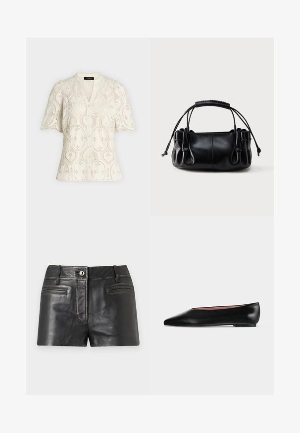 Blouse crème à manches courtes boutonnée avec motif floral en dentelle œillet et bords festonnés aux manches et à l'ourlet.; Shorts en cuir noir avec bouton frontal, passants de ceinture et deux poches frontales horizontales sur un fond gris clair.; Chaussure plate en cuir noir pour femme, avec bout pointu et petit talon, vue de côté sur un fond gris clair uni.; Sac à main en cuir noir avec côtés froncés, poignée tressée et fermetures réglables par cordon sur fond clair.