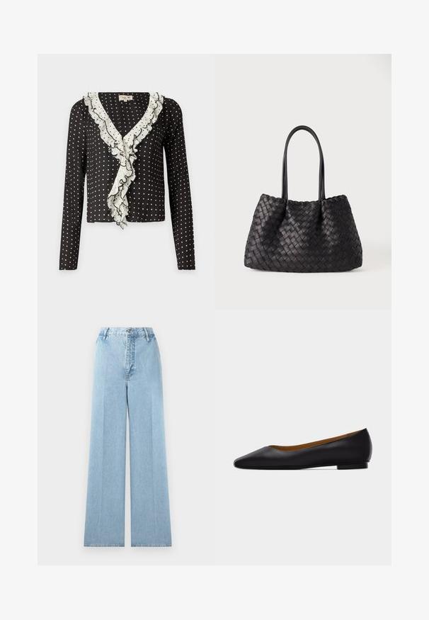 Top de manga larga negro con lunares blancos y un escote en V con volantes ribeteado en blanco, con una tela suave y texturada.; Jeans de mezclilla de corte ancho en azul claro con una cintura alta, con cinco pasadores para cinturón, cierre frontal con botón y costuras cosidas.; Zapato plano de punta puntiaguda de cuero negro con tacón bajo y acabado liso, mostrado de perfil sobre un fondo gris claro.; Bolso tote negro de cuero tejido con dos asas largas y un diseño suave y estructurado sobre un fondo claro y liso.