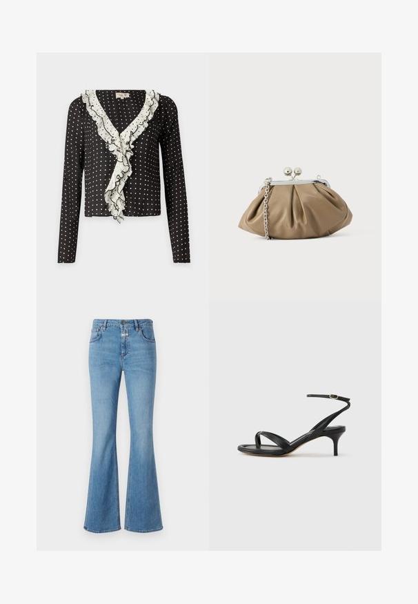 Zwart langetermijn t-shirt met witte polka-dots en een gerimpelde V-halsrand afgewerkt met wit, gemaakt van een zachte, gestructureerde stof.; CLOSED JOVANNA - Bootcut jeans - light blue; Zwarte leren dames sandaal met dunne bandjes, een teengreep, een enkelgesp en een stilettohak van gemiddelde hoogte op een neutrale achtergrond.; Leren clutch in zacht beige met een afgeronde vorm, geplooide textuur, zilveren kiss-lock sluiting en een afneembare kettingriem.
