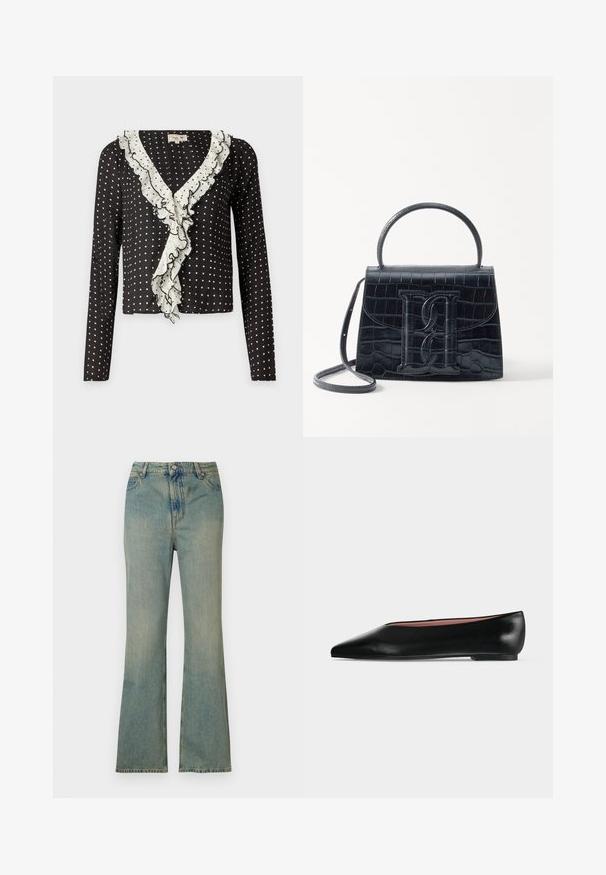 Top de manga larga negro con lunares blancos y un escote en V con volantes ribeteado en blanco, con una tela suave y texturada.; Vaqueros de campana de denim azul claro con cintura alta, cinco bolsillos y cremallera. Acabado limpio y deslavado con detalles de costura sutiles.; Zapato plano negro de cuero para mujer con punta puntiaguda y tacón bajo, mostrado de lado sobre un fondo liso gris claro.; Bolso de mano de cuero negro con estampado de cocodrilo, diseño estructurado, asa superior, correa ajustable y un destacado detalle del logotipo en la parte frontal.