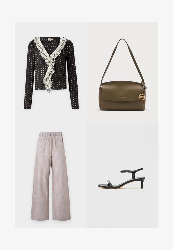 Top de manga larga negro con lunares blancos y un escote en V con volantes ribeteado en blanco, con una tela suave y texturada.; Pantalones de pierna ancha de color marrón claro con finas rayas blancas verticales, cintura elástica, cordón y bolsillos delanteros de parche.; Sandalia de tacón de cuero negro con correa en el tobillo, punta abierta, frente cuadrado y detalle en hardware plateado. Diseño ajustado con un perfil elegante.; Bolso de hombro de cuero verde oliva con cierre de solapa y colgante dorado con el logo de Michael Kors colgando de la correa.