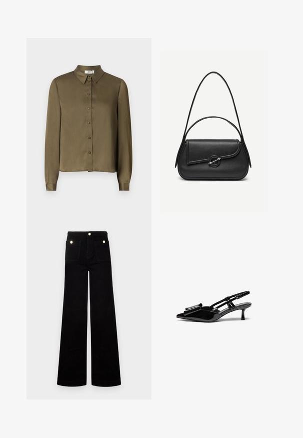 JDY JDYFIFI SHIRT - Overhemdblouse - dark olive; Zwarte flared jeans van denim, met een hoge taille, twee voorzakken en accenten in goudkleurig metaal. Soepele textuur, wijduitlopende pijpen.; Zwarte gepatineerde lederen slingback hakken met een puntige neus, een strikdetail aan de voorkant en een kleine stilettohak. De bandjes hebben verstelbare gespen.; Zwarte leren handtas met afgeronde hoeken, asymmetrische klep, metalen ronde sluiting en zowel korte als lange schouderriemen.