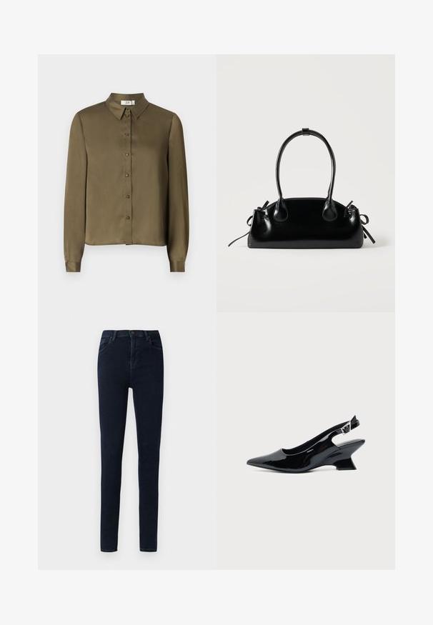 JDY JDYFIFI SHIRT - Overhemdblouse - dark olive; Donkerblauwe skinny jeans met een knoop aan de voorkant, rits, riemlussen en voor- en achterzakken tegen een plain witte achtergrond.; Zwarte lakleren slingback schoen met spitse neus en lage schuine blokhak op een effen lichte achtergrond.; Kleine zwarte glanzende handtas met twee lange hengsels en zijkant trekkoord details op een effen lichte achtergrond.