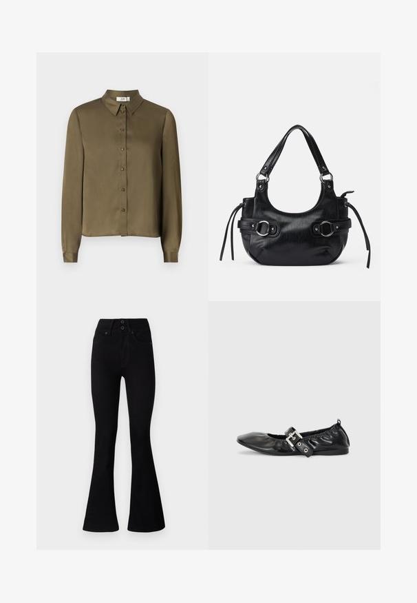 JDY JDYFIFI SHIRT - Overhemdblouse - dark olive; Pepe Jeans FLARE CONTOUR - Flared Jeans - black denim; Zwarte leren platte schoen met een spitse neus, geplooide details rond de opening en een zilveren gespaccentueerde verstelbare band.; Zwarte leren handtas met een afgeronde vorm, voorzien van twee zijgespen, een gladde textuur en een korte schouderband. Accenten zijn onder andere zijfranjes.