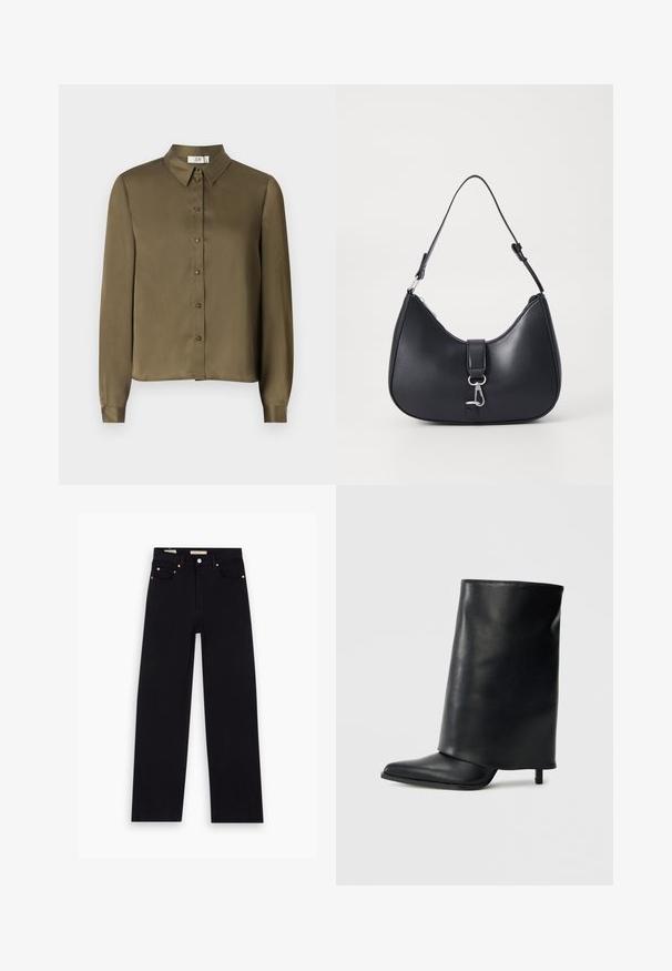 JDY JDYFIFI SHIRT - Overhemdblouse - dark olive; Zwarte denim jeans met een recht model, vijf zakken, koperen hardware en een gladde textuur. Twee labels zichtbaar op de tailleband.; Zwarte leren enkellaars met een gestructureerd, omgeslagen ontwerp, een spits toelopende neus en een dunne hak. Gladde textuur met minimale details.; Pieces PCLIKA SHOULDER BAG - Handtas - black