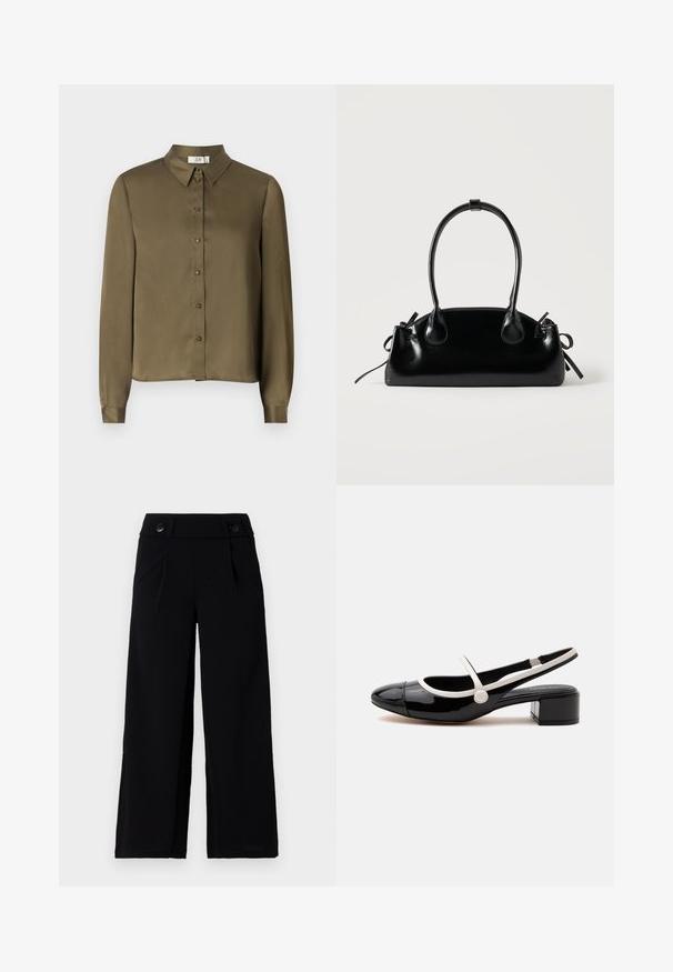 JDY JDYFIFI SHIRT - Chemisier - dark olive; Pantalons larges noirs avec un devant plat, des poches latérales et deux boutons à la taille. Tissu lisse avec un éclat subtil.; Chaussure slingback en cuir verni noir avec bride et garniture blanches, talon bas à bloc et bout rond sur fond blanc.; Petit sac à main noir brillant avec deux longues anses et des détails à cordon sur les côtés sur un fond clair uni.