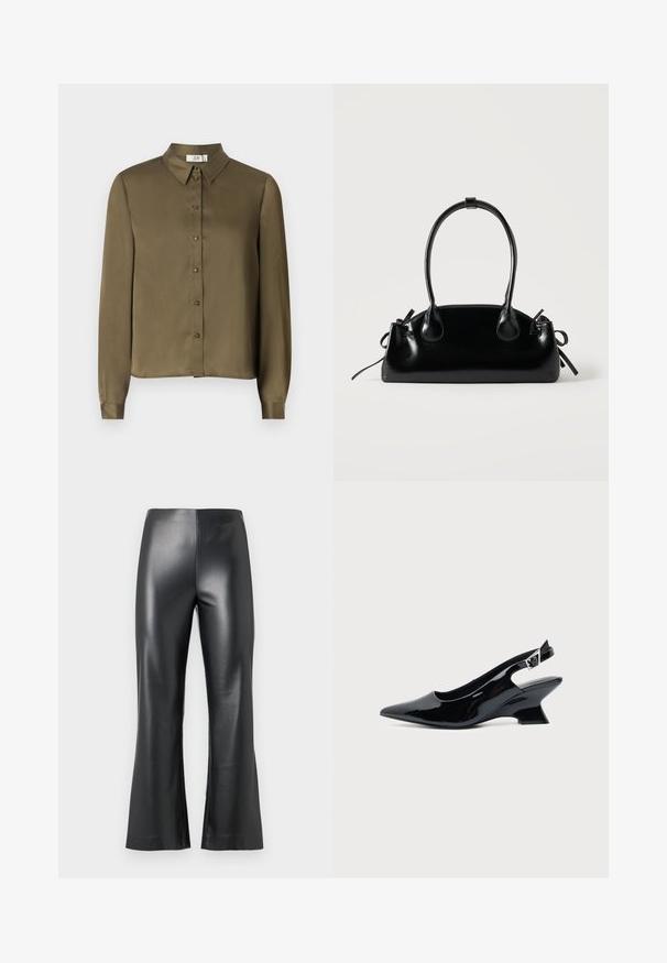 JDY JDYFIFI SHIRT - Chemisier - dark olive; Pantalon en simili cuir noir avec une coupe évasée, présentant une texture lisse et brillante ainsi qu'une taille haute. Apparence simple et élégante.; Chaussure slingback en cuir verni noir avec bout pointu et petit talon bloc incliné sur fond clair uni.; Petit sac à main noir brillant avec deux longues anses et des détails à cordon sur les côtés sur un fond clair uni.