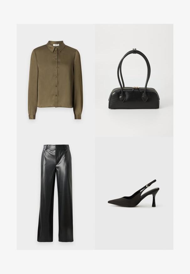 JDY JDYFIFI SHIRT - Chemisier - dark olive; Pantalons large en cuir noir avec une texture lisse, dotés d'une taille mi-haute et de légères plis sur le devant.; Chaussures à talons noires avec une bride, à bout pointu, finition mate lisse et talon fin brillant. Sangle ajustable avec petit détail de boucle.; Sac à main en cuir noir avec deux anses allongées, fermeture éclair et forme arrondie ; texture lisse avec une finition légèrement brillante.