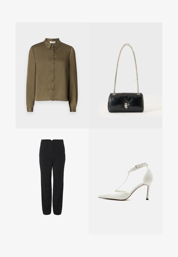 JDY JDYFIFI SHIRT - Hemdbluse - dark olive; Schwarze Hose mit geradem Bein, ausgestattet mit zwei Fronttaschen und einer glatten Textur. Dezente Nähte auf der Vorderseite.; Weißer spitzer High Heel mit dünnem Knöchelriemen und Schnalle, glatter Oberfläche und schlankem Stiletto-Absatz auf einfarbigem Hintergrund.; Schwarze Lederhandtasche mit silbernem Kettenriemen und silbernem Verschluss, vor einem schlichten, hellen Hintergrund dargestellt.