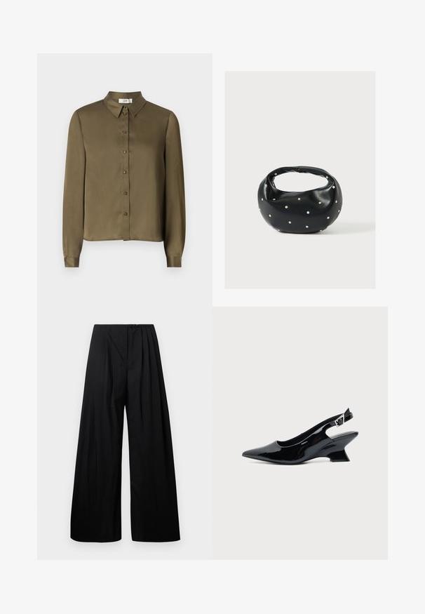 JDY JDYFIFI SHIRT - Blusa - dark olive; Pantalones de pierna ancha negros con cintura alta, que cuentan con pliegues verticales y cierre de botón. Textura suave, diseño minimalista.; Zapato slingback de cuero charol negro con puntera puntiaguda y tacón bajo en bloque inclinado sobre fondo claro liso.; Bolso de mano de cuero negro con forma redondeada, decorado con detalles de tachuelas plateadas y un asa corta. Textura lisa y cierre con cremallera.