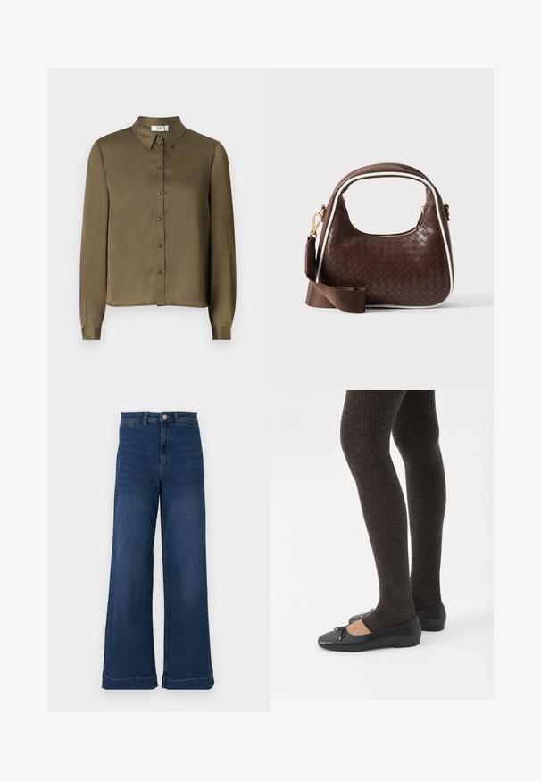 JDY JDYFIFI SHIRT - Overhemdblouse - dark olive; Wijdvallende blauwe denim jeans met een hoge taille, voorzien van een knoopsluiting aan de voorkant, vijf zakken en subtiele stikseldetails.; Benen met donkere geribbelde leggings gecombineerd met zwarte ballerina's met kleine strikdetails op een witte achtergrond.; Bruine geweven leren handtas met witte bies, gouden ritssluiting en afneembare bruine stoffen schouderriem.