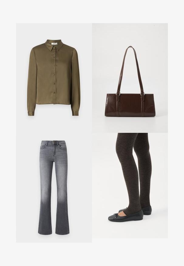 JDY JDYFIFI SHIRT - Blusa - dark olive; Jeans acampanados de tiro alto en denim gris oscuro, con bolsillos frontales, cierre de botón y un sutil desgaste hacia el dobladillo.; Piernas con leggings oscuros acanalados combinados con bailarinas negras que presentan pequeños detalles de lazo sobre un fondo blanco.; Bolso de mano de piel sintética marrón con forma rectangular, dos asas largas y sutiles acentos curvados en la parte delantera.