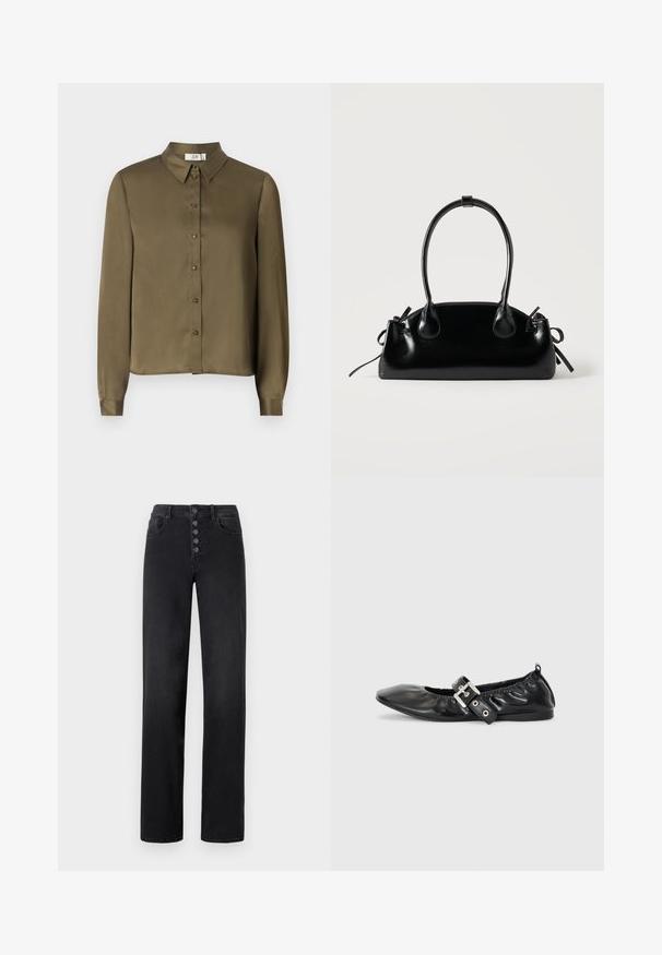 JDY JDYFIFI SHIRT - Blusa - dark olive; Jeans de mezclilla negra de talle alto con pierna recta, que cuentan con un cierre de cinco botones, bolsillos frontales y una textura suave.; Zapato plano de piel negra con puntera afilada, detalle fruncido alrededor de la abertura y un acento de hebilla plateada en la correa ajustable.; Pequeño bolso negro brillante con dos asas largas y detalles de cordón lateral sobre un fondo claro liso.