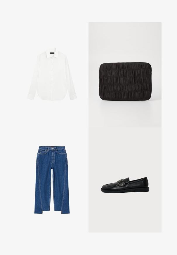 Chemise blanche à manches longues boutonnée, avec col pointu et poignets, présentée à plat sur un fond blanc.; Jean en denim bleu à taille haute, avec poches avant, fermeture par boutons, et coutures latérales s'étendant en fentes aux chevilles.; Mocassin en cuir noir à bout arrondi, détails cousus et une bride décorative sur le dessus sur une semelle plate.; Pochette noire à poche, fabriquée en tissu froncé. Présente une surface texturée avec une fermeture éclair, une forme rectangulaire et une finition mate douce.